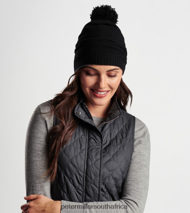 Black/Gale Grey Women Peter Millar Cashmere Double Knit Hat With Pom Accessories B62P4F221