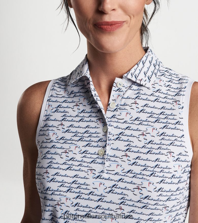 White Women Peter Millar Banded Sport Mesh Birdie Print Sleeveless Button Polo Apparel B62P4F69